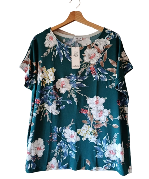 Szmaragdowa tunika z krótkim rękawem kimono - białe kwiaty